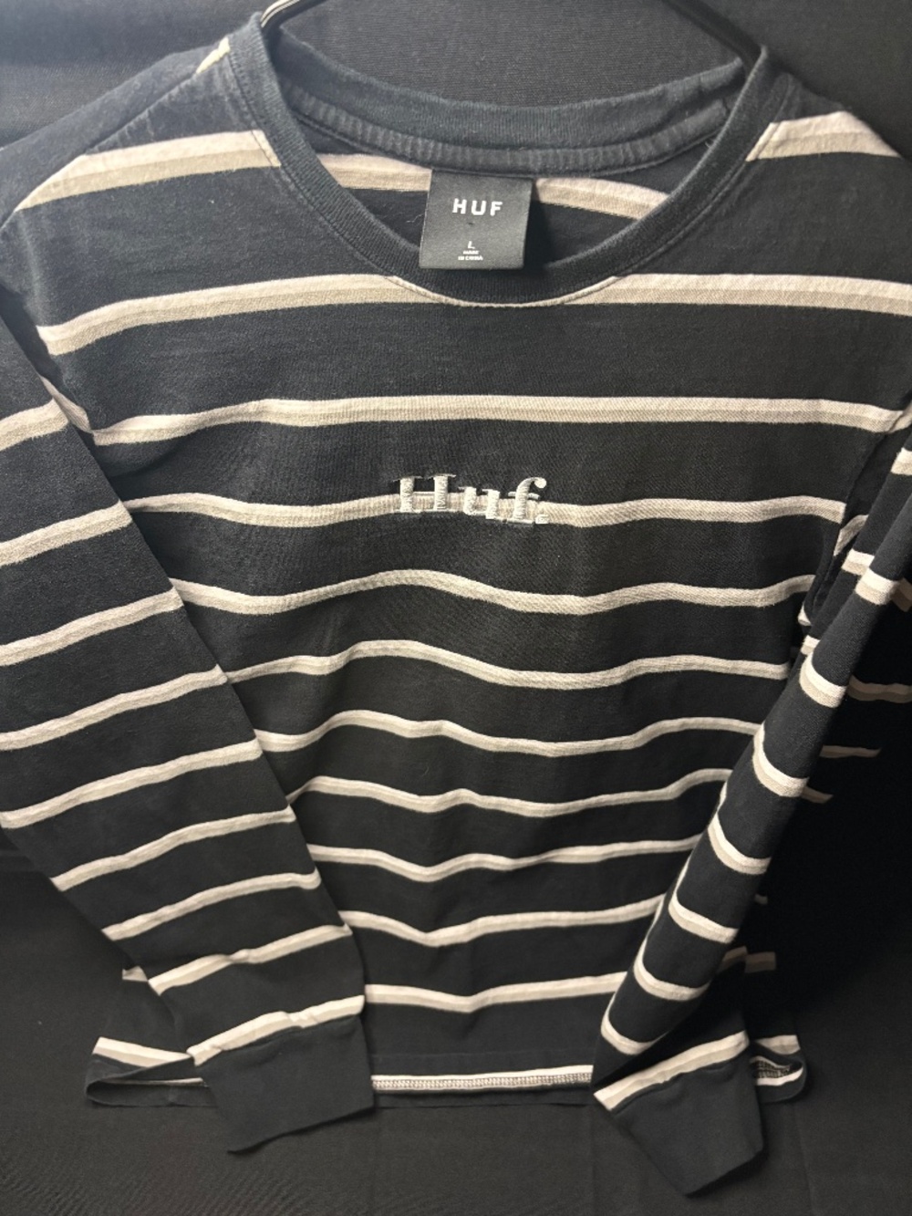 HUF Women’s Large Long Sleeve Shirt Black White Striped Embroidered Logo Skate.